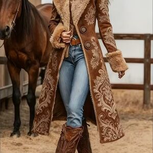 Elegant Brown Embroidered Women's Coat